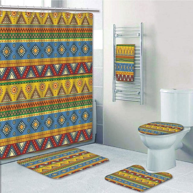 EREHome Aztec Traditional Classic Tribal Folk Motif with Sun Figure Ancient Mexican Culture 5 Piece Bathroom Set Shower Curtain Bath Towel Bath Rug Contour Mat and Toilet Lid Cover