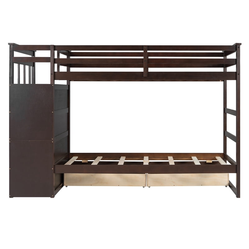 Twin Over Twin Kids/Teens Bunk Bed with Buit-In Staircase, Wooden Storage Bed Frame with 6 Drawers