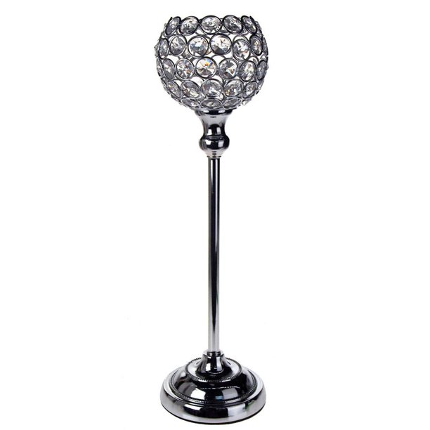 Crystal Globe Candle Holder Metal Centerpiece, Silver, 141/2Inch