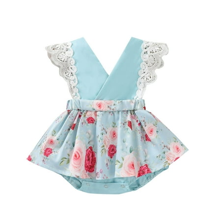 

Baby Girls Romper Sweet Style Creative Floral Printing Lace Fly Sleeve Skirt