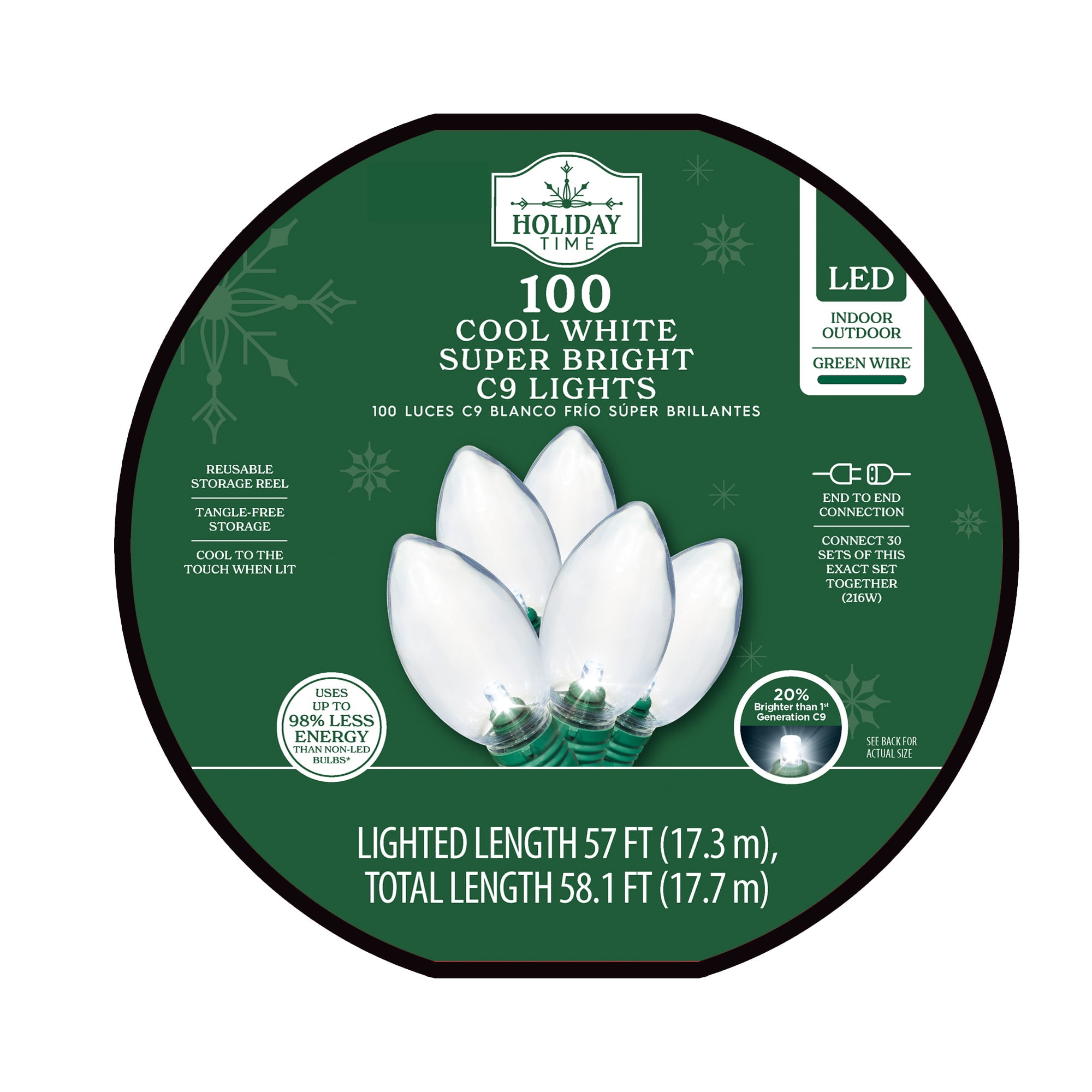 Indoor/Outdoor 100-Count LED Smooth C9 Christmas Lights, Cool White, 57', Holiday Time