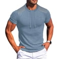 thumbnail image 2 of FRSASU Mens Spring Summer Solid Color Ribbed T-Shirt Knitted Short Sleeve Tee, Vtage Drawstring Henley Collar T-shirts Blue, 2 of 7