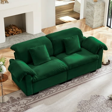 Velvet 2 Seater Deep Seat Sofa for Living Room, Two - Seat Loveseat Couch with Fluffy Armrest Pillows and Backrest, 2 Seater Cloud Like Couch With Storage Under Each Seat, Green85637