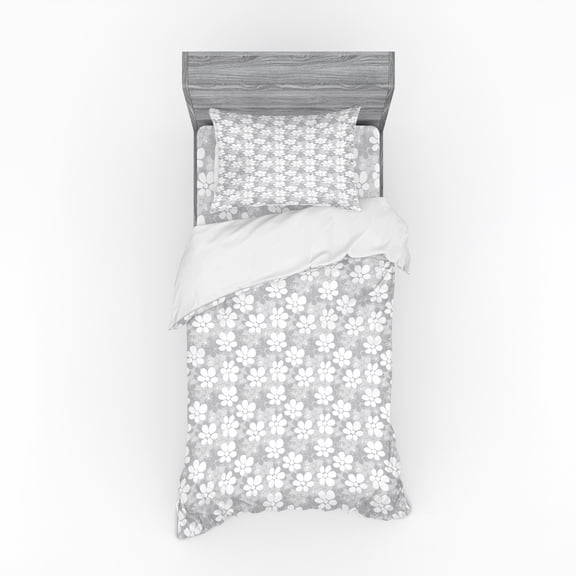 Ambesonne Floral Bedding Set 3 Pcs, Romantic Overlapping Flowers, Twin XL, White Grey and Pale Grey