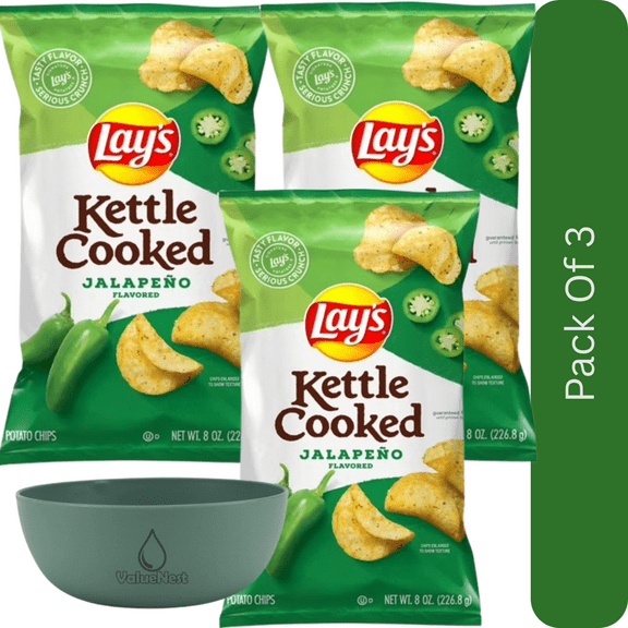 Lay’s Kettle Cooked Jalapeno Potato Chips – 8 oz Bag, Crunchy Spicy Snack With Olive Green Bowl By ValueNest