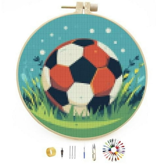 DIY Stamped Cross Stitch Kits Soccer Easy for Beginners with Hoop 11CT Counted Embroidery Needlepoint Crafts Arts for Handmade Enthusiasts and Home Decor 30x30cm(1)