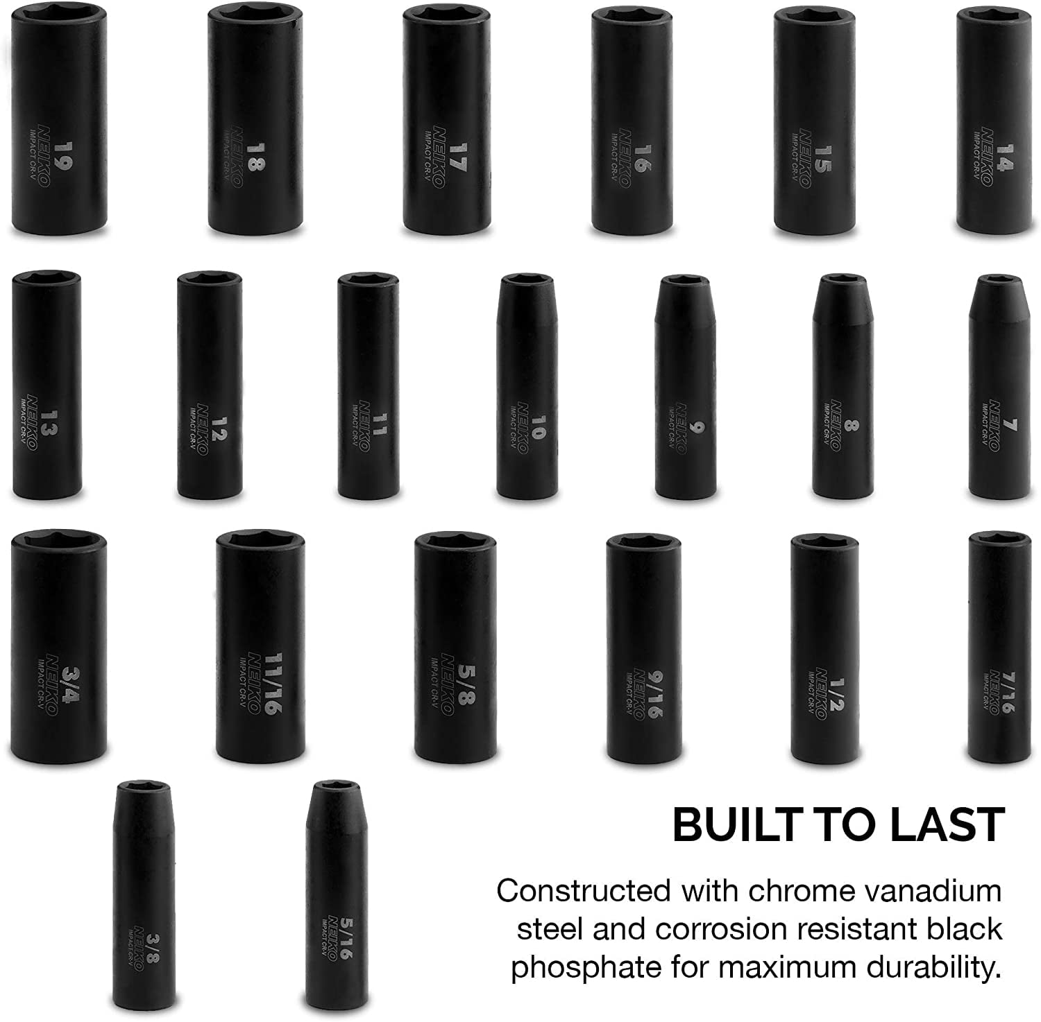 NEIKO 02431A 3/8” Drive SAE and Metric Deep Impact Socket Set | 21 Pieces | SAE 5/16” to 3/4” | Metric 7mm to 19mm | Premium Cr-V Steel | 6-Point Hex Design | Corrosion Resistant Coating