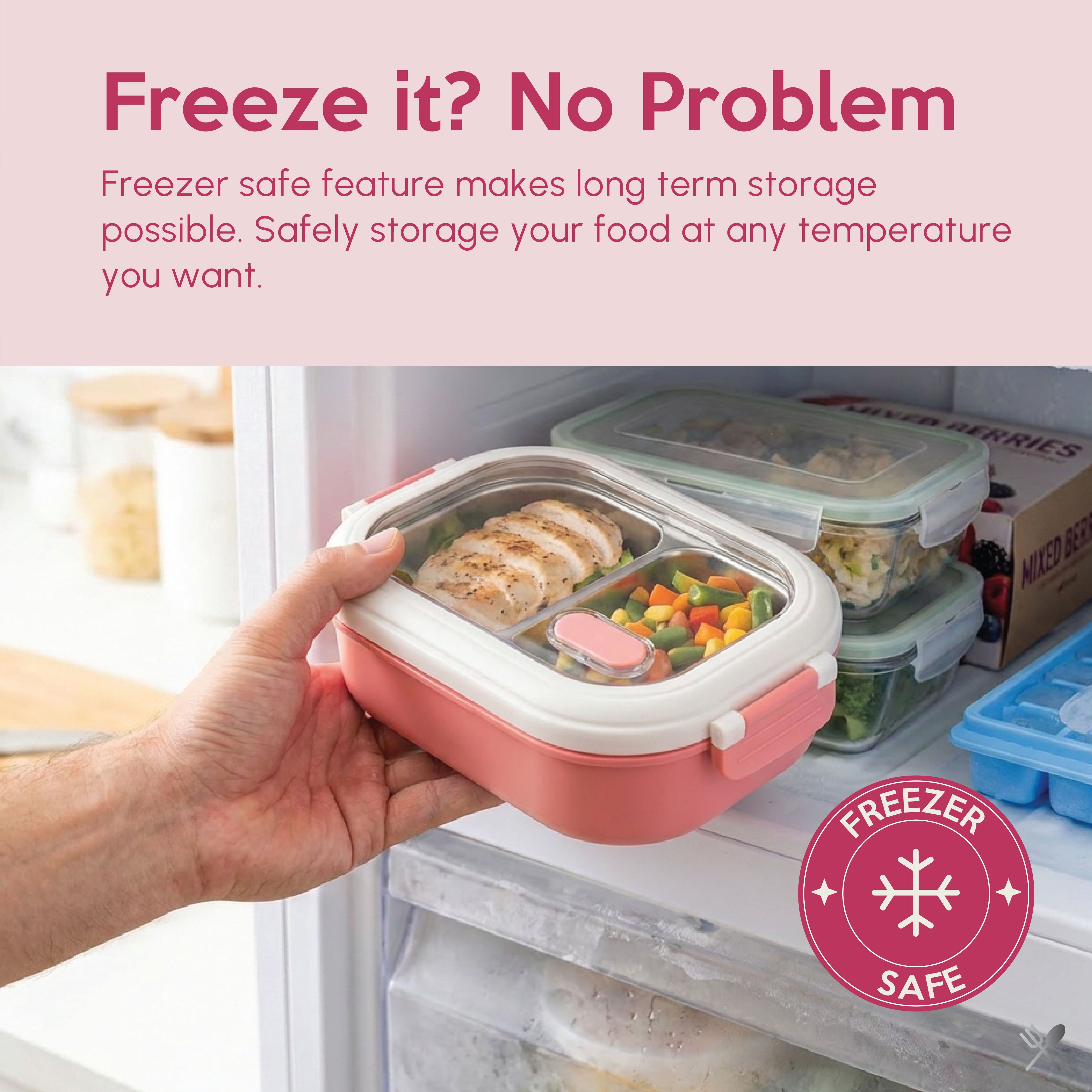 Just Cook Pink 1000 ml Stainless Steel Bento Box with Locktop Lid - Microwave Safe