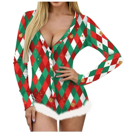

Ruhiku GW Women’s Christmas Not Positioned Print V-neck Backless Feather Detail Long Sleeve Sexy Bodysuit Sexy Lingerie Pajamas Green Large