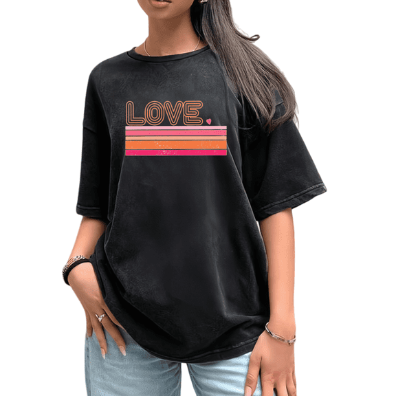 Women's Funny Valentine's Day Retro Washed Gradient Striped LOVE Graphic Crew Neck Printed Cotton T-Shirt Black S-2XL Plus Size