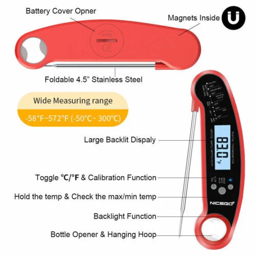 Instant Read Digital Meat Thermometer Fast For Kitchen Food Cooking Bbq Grilling