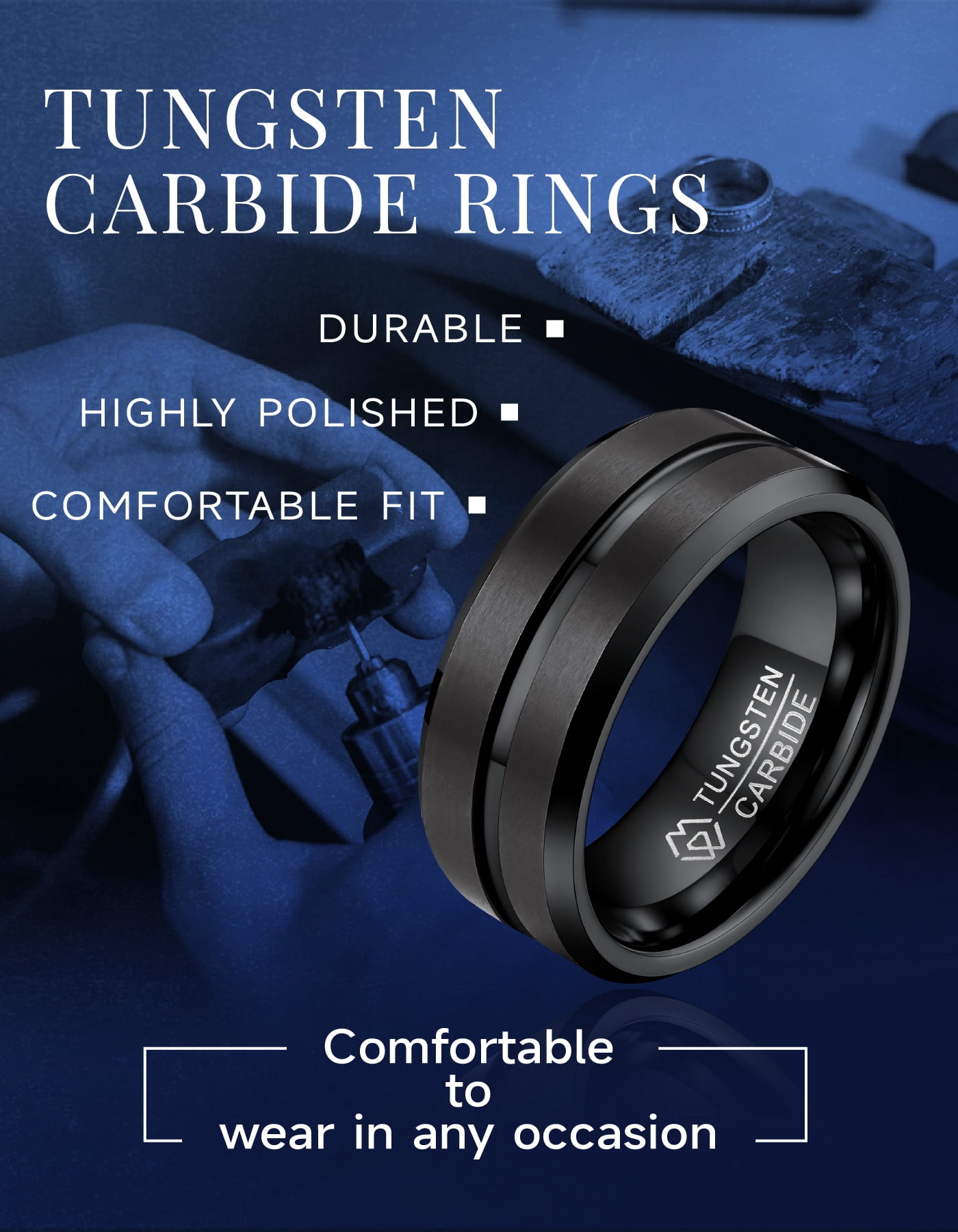 MomentWish 8mm Black Tungsten Rings, Promise Ring Eternity Band For Men-Size7,Valentine's Day Gift Birthday Gifts