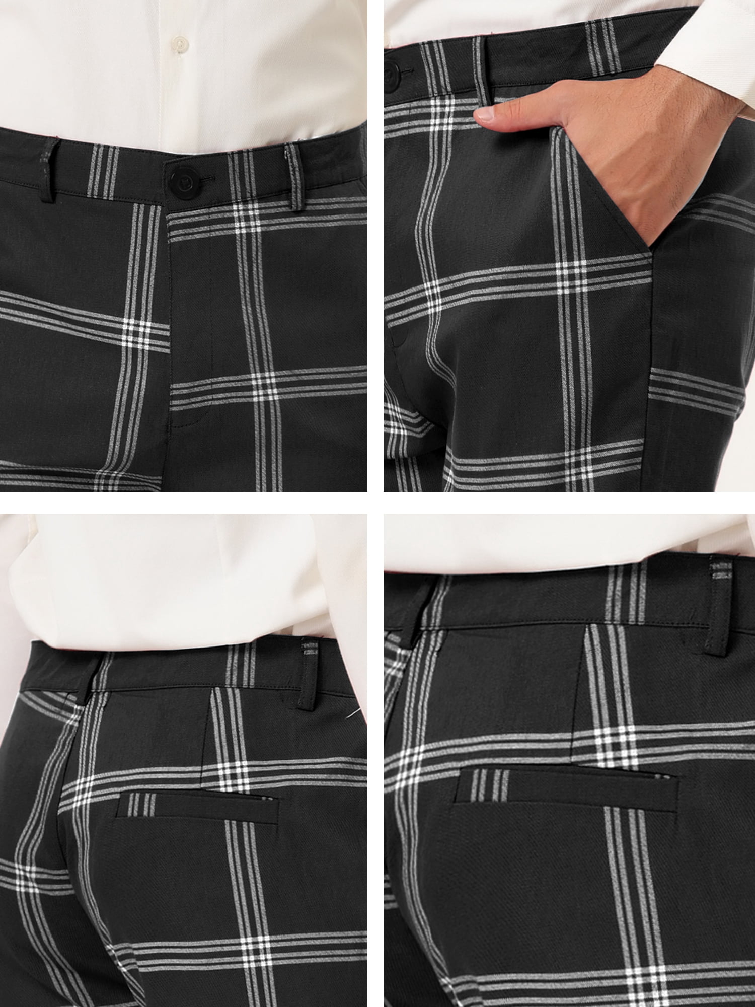 Unique Bargains Men's Business Plaid Pants Casual Slim Fit Flat Front Checked Trousers 30 Black