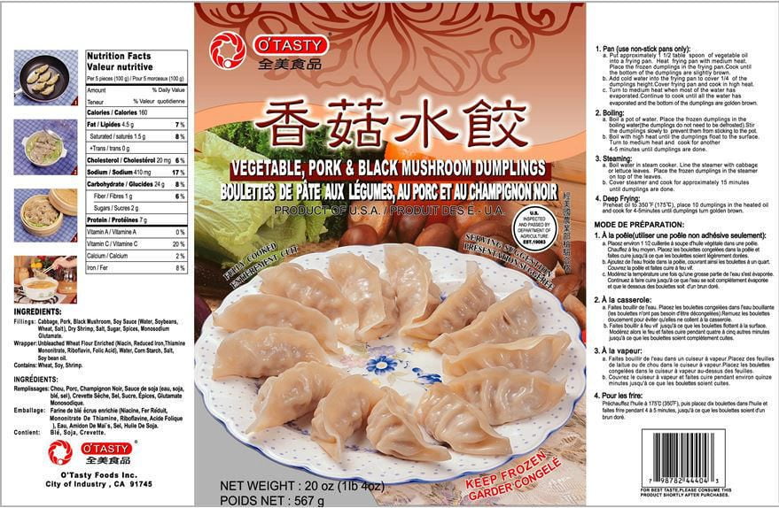 O' Tasty Vegetable, Pork And Black Mushroom Dumplings, 20 oz