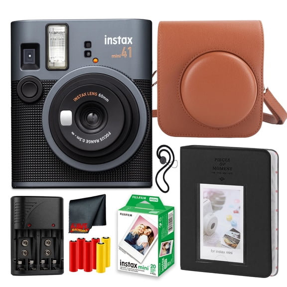 FujiFilm Instax Mini 41 Instant Camera Bundle With Fuji Instax-Instant-mini Film Value Pack (20 Sheets) Photo Album – 64 Pockets Vintage Style Compatible Carrying Case Brown