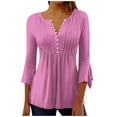 thumbnail image 2 of JTZGDY 3/4 Length Sleeve Tops for Women Dressy Casual Summer Bell Sleeves Button V Neck Ruched Pleated Tunic Blouse Trendy Loose Plain Tees Shirt Pink S, 2 of 6