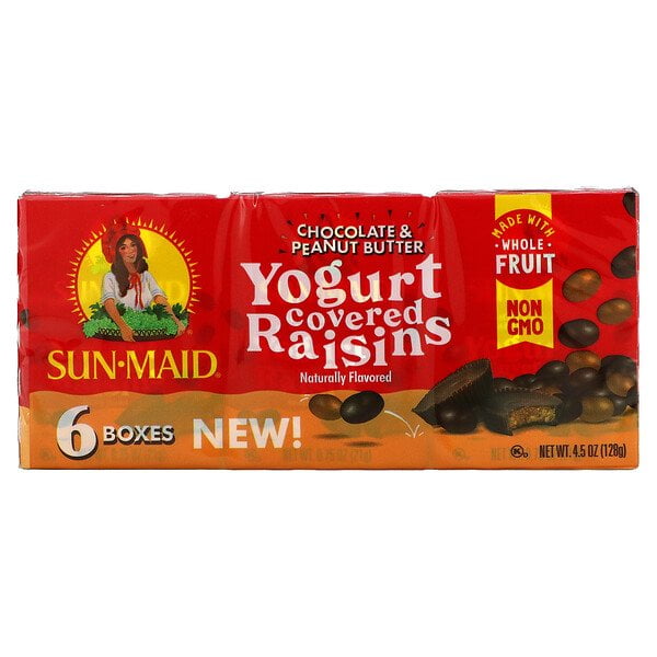 SunMaid, Yogurt Covered Raisins, Chocolate & Peanut Butter, 6 Boxes, 0