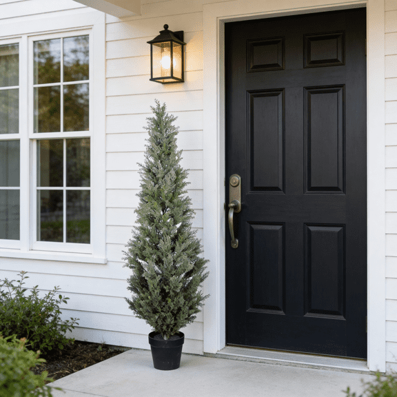 5FT Artificial Cypress Tree in Black Plastic Pot UV Resistant, Realistic Indoor Outdoor Fake Topiary Plant, Garden or Entryway Decoration, 1pc/set