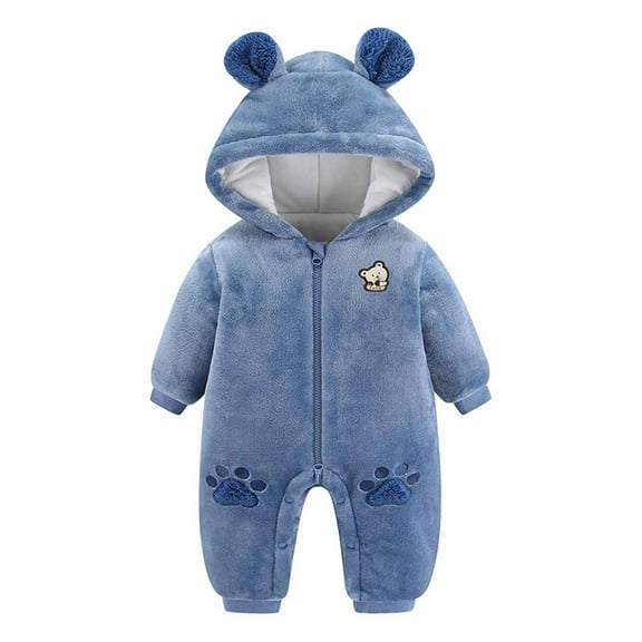 Odeerbi Infant Boys Girls Winter Warm Flannel Romper Jumpsuit Fleece Snowsuits Baby Clothes Infant Baby Solid Color Plush Cute Bear Ears Winter Thick Keep Warm Bodysuit Blue