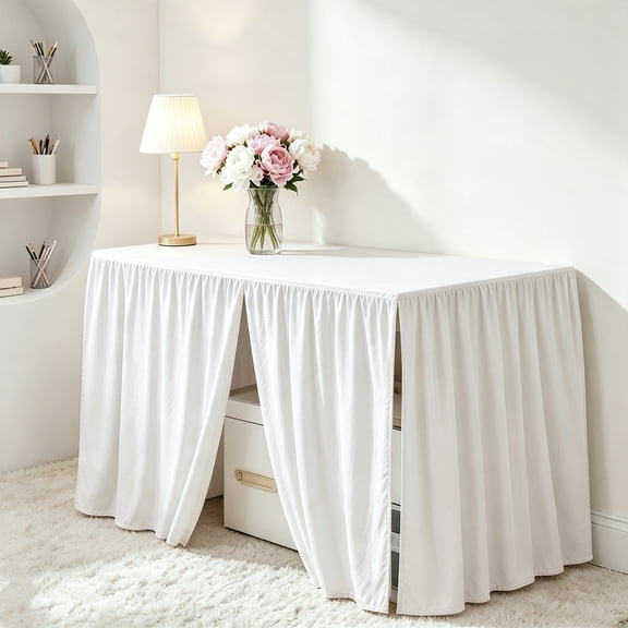 Ruffled Split Dorm Desk Skirt Pleated Table Skirt, Floor Length Decorative Drape with Elastic Strap, Teacher Desk Cover for Classroom Office University, Resistant Dorm Desk Skirt