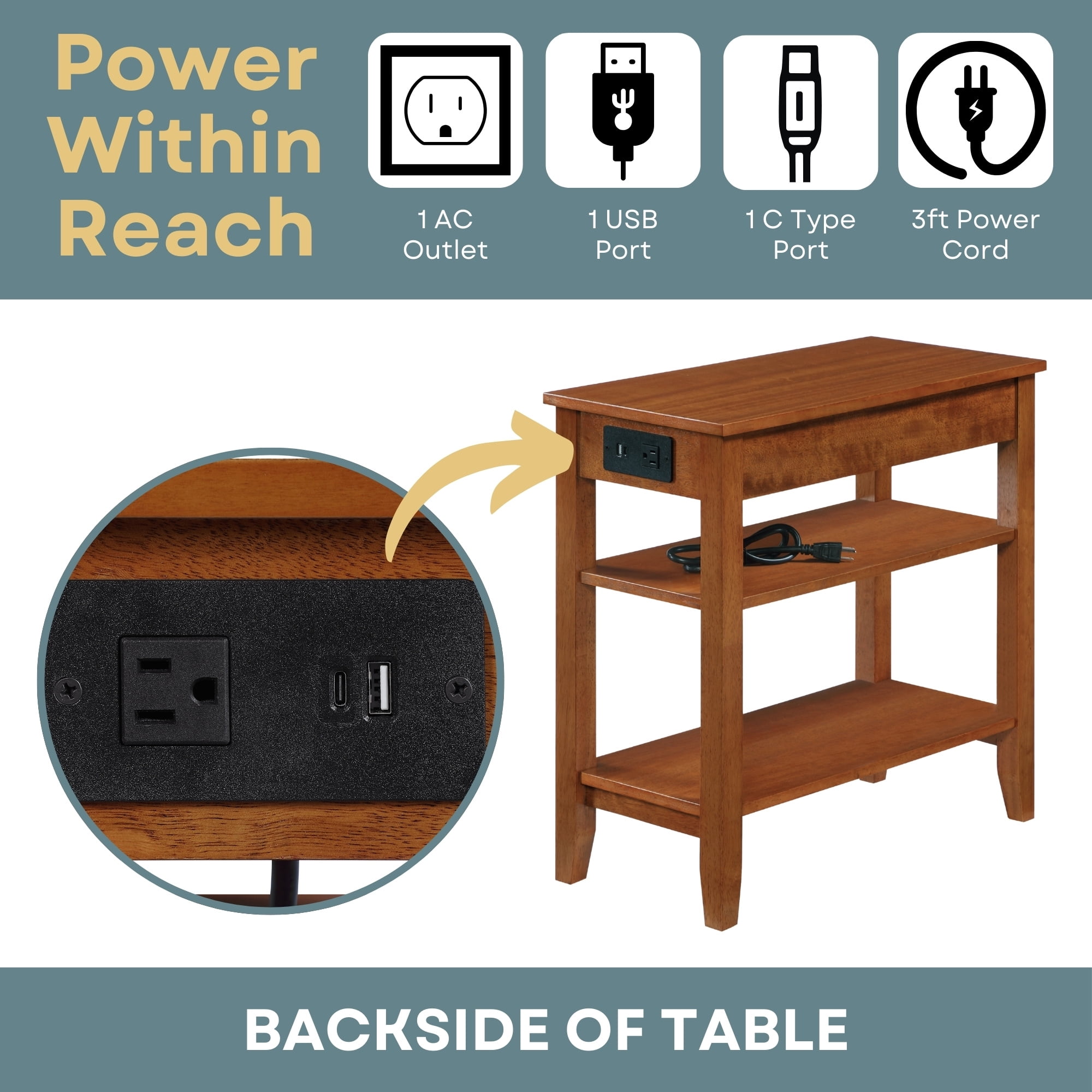 Convenience Concepts American Heritage 1 Drawer Chairside End Table with Charging Station and Shelves, Light Walnut