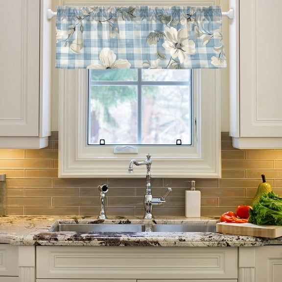 Blue Floral Flowers Grids Curtain Valances Farmhouse Design Window Treatment Decor Blackout Rod Pocket for Windows Living Room Kitchen 54" x 18"
