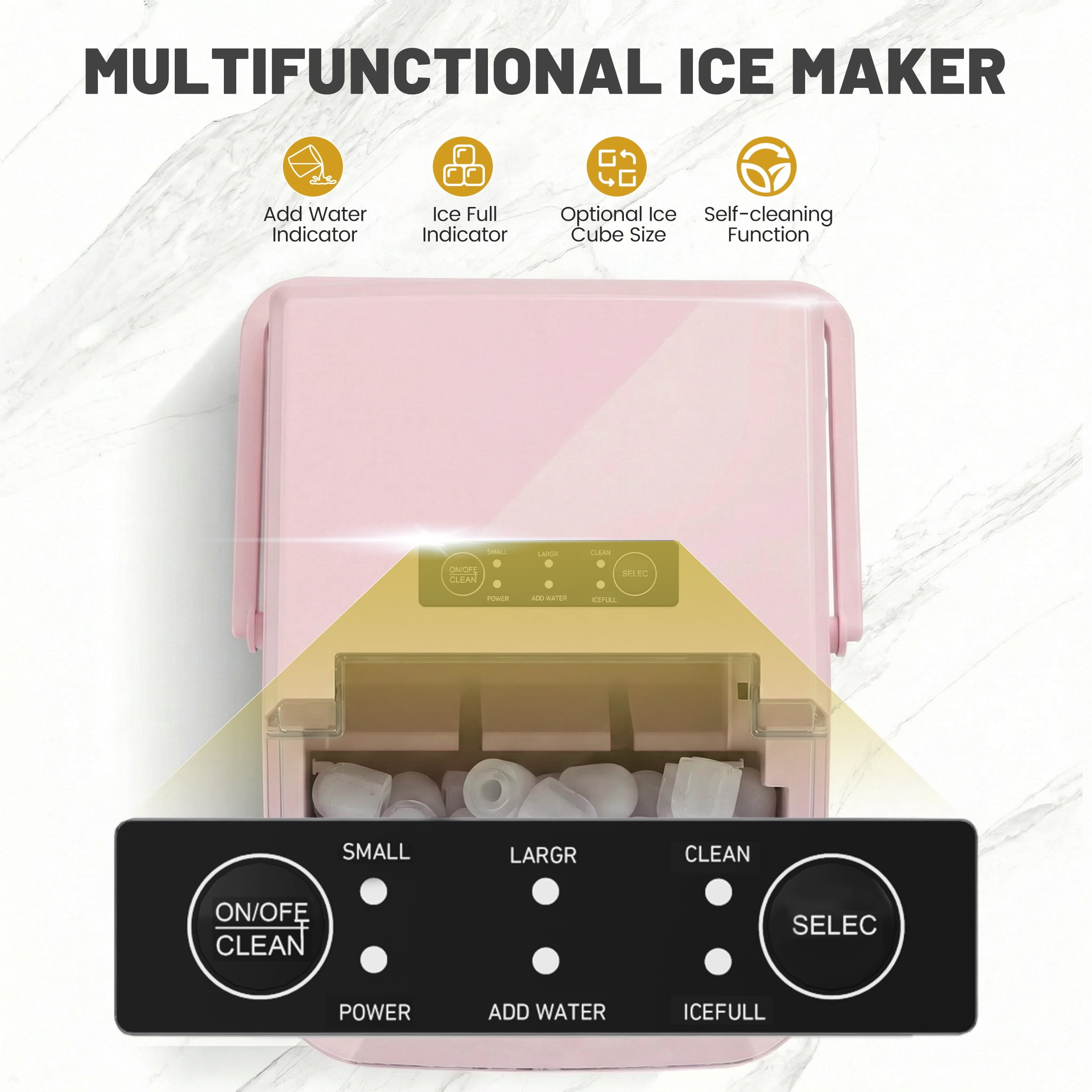 JIOABL Portable Countertop Ice Maker, Self-Cleaning, 9 Cubes in 6 Min, 26 lb/Day, 2L Tank, with Handle, Pink