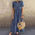 thumbnail image 4 of Cheers Robe en Jean Rétro pour Femmes Manches Courtes Col Rabattu Poches Boutons Longue Ample, 4 of 5
