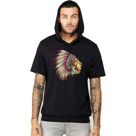 Men's Indian Lion Headdress Black Short Sleeve Hoodie T-Shirt 2X-Large Black