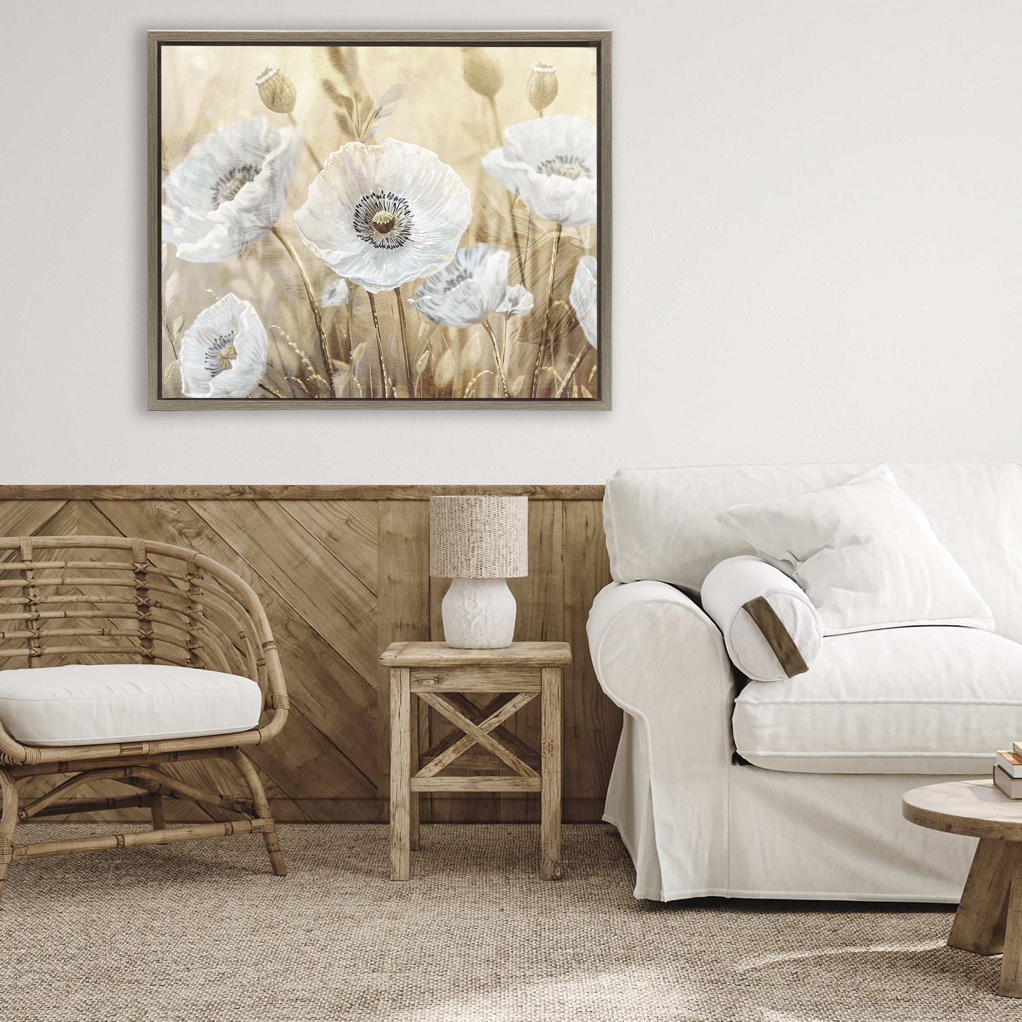 Stupell Industries White Poppies Beige Field Brown Framed Floater Canvas Wall Art, design by Kim Allen
