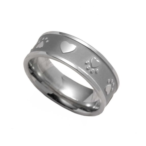 Stainless Steel Paw Print Heart Sandblasted Ring - Pet Memorial Jewelry size 10