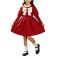 thumbnail image 2 of Girls Knit Sweater Dress Long Sleeve Front Bow Crewneck Pleated Cinched Slim Outfits Toddler Girl Sweet Casual A-Line Dress Red 7-8 Years, 2 of 7