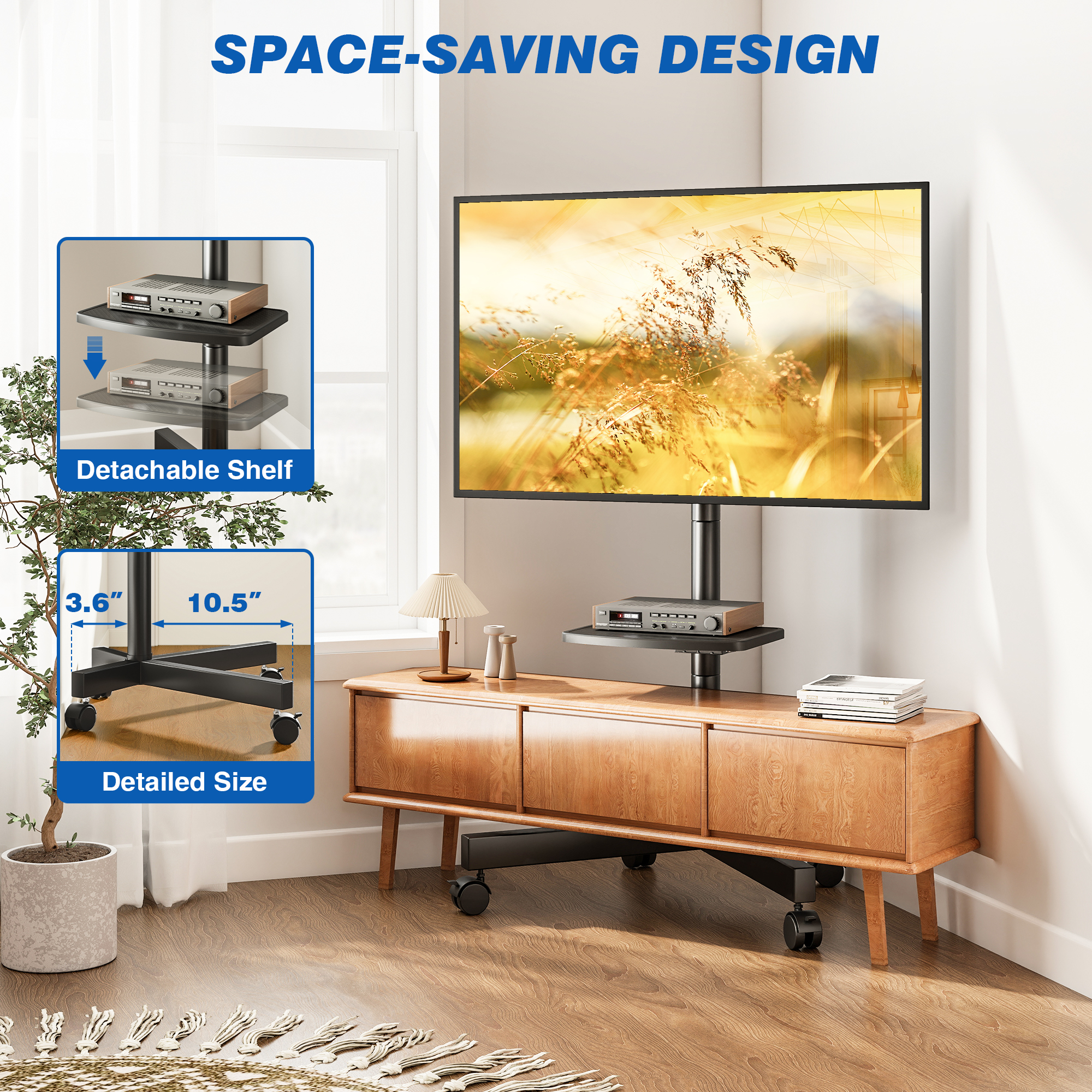 RTVR Modern Rolling TV Stand with Shelf for 23-60 inch TVs photo 2