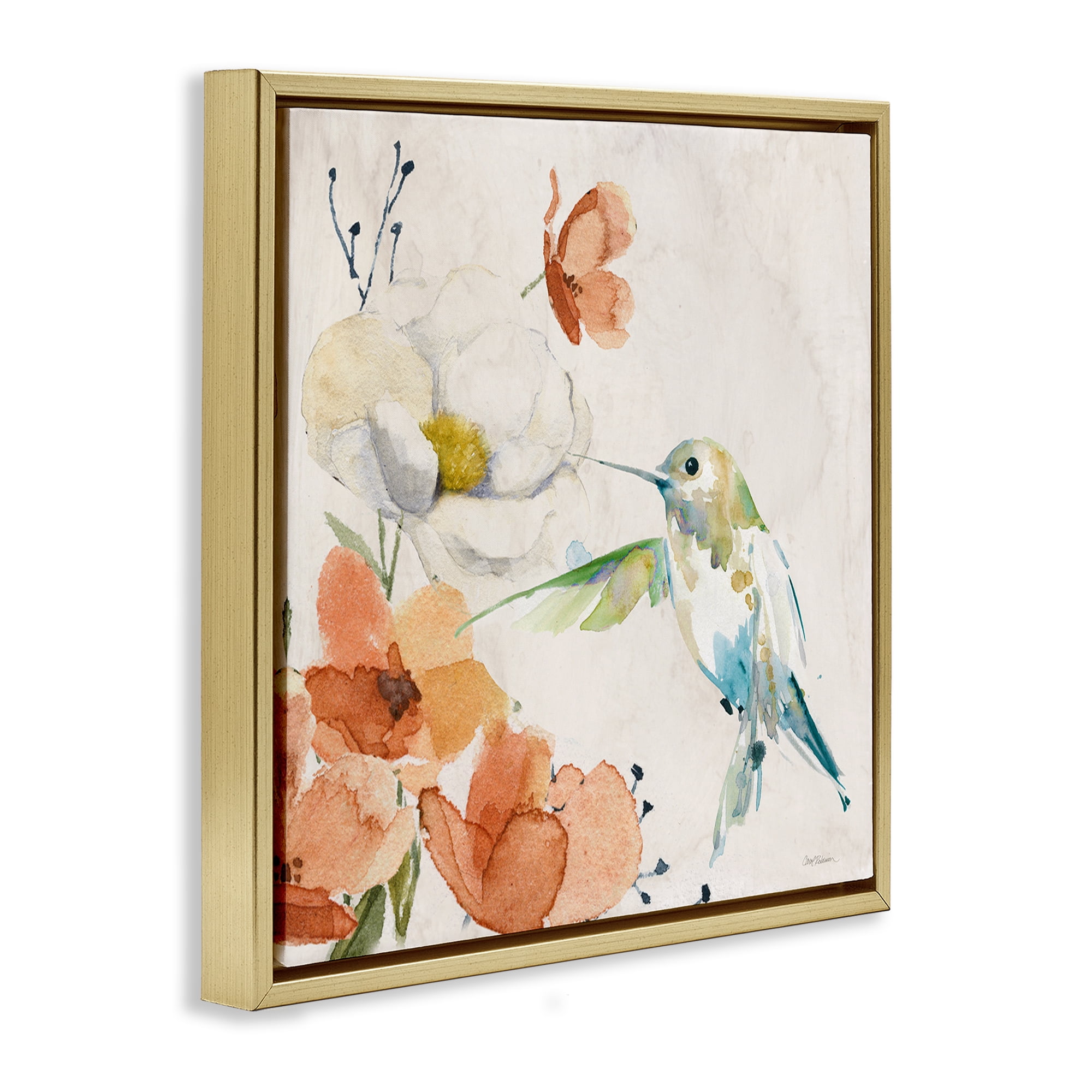 Stupell Industries Cottage Flowers & Bird Plants & Flowers Painting Gold Floater Framed Canvas Art Print Wall Art, 18 x 18