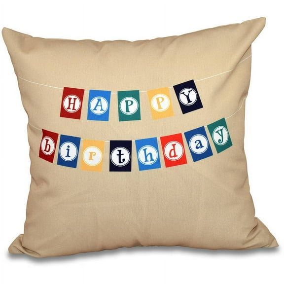 Simply Daisy 16" x 16" Happy Birthday Polyester Indoor/Outdoor Pillow, Taupe (1 count)