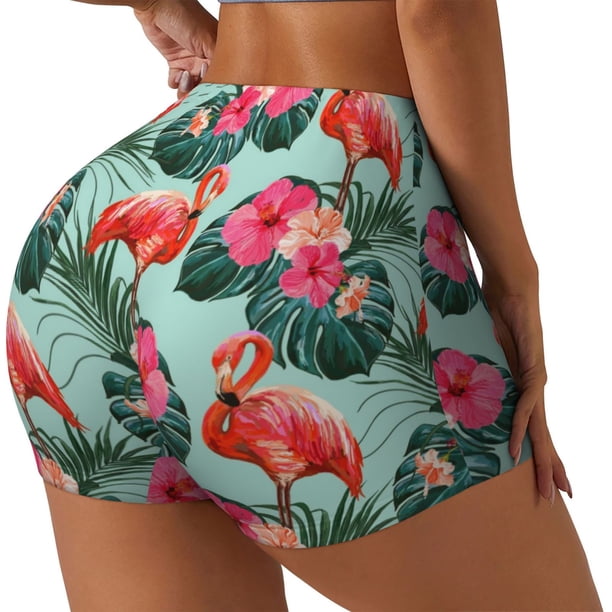 Balery Palm Leaves Flamingo Pantalones cortos de entrenamiento estampados para mujer, sin costuras, ajustados, para gimnasio, yoga, correr, deportes, ejercicio activo, fitness.-Large