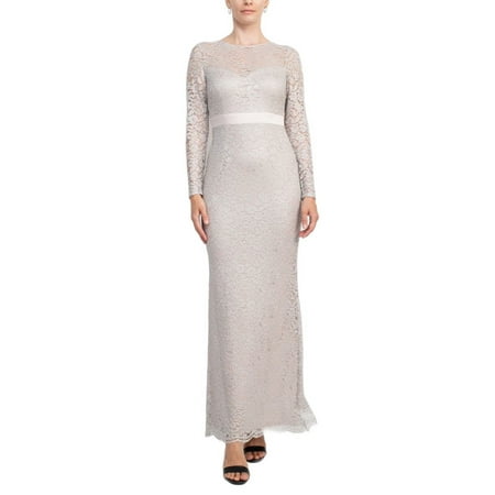 Adrianna Papell Crew Neck Long Sleeve Illusion Embellished Keyhole Zipper Back Lace Dress-ICY LILAC