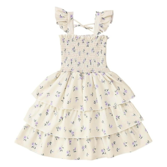 Rggeeun Toddler Baby Girls Sweet Floral Print Dress With Smocked Bodice Summer Princess Party Dress Fashionable Casual O-Neck Sundress