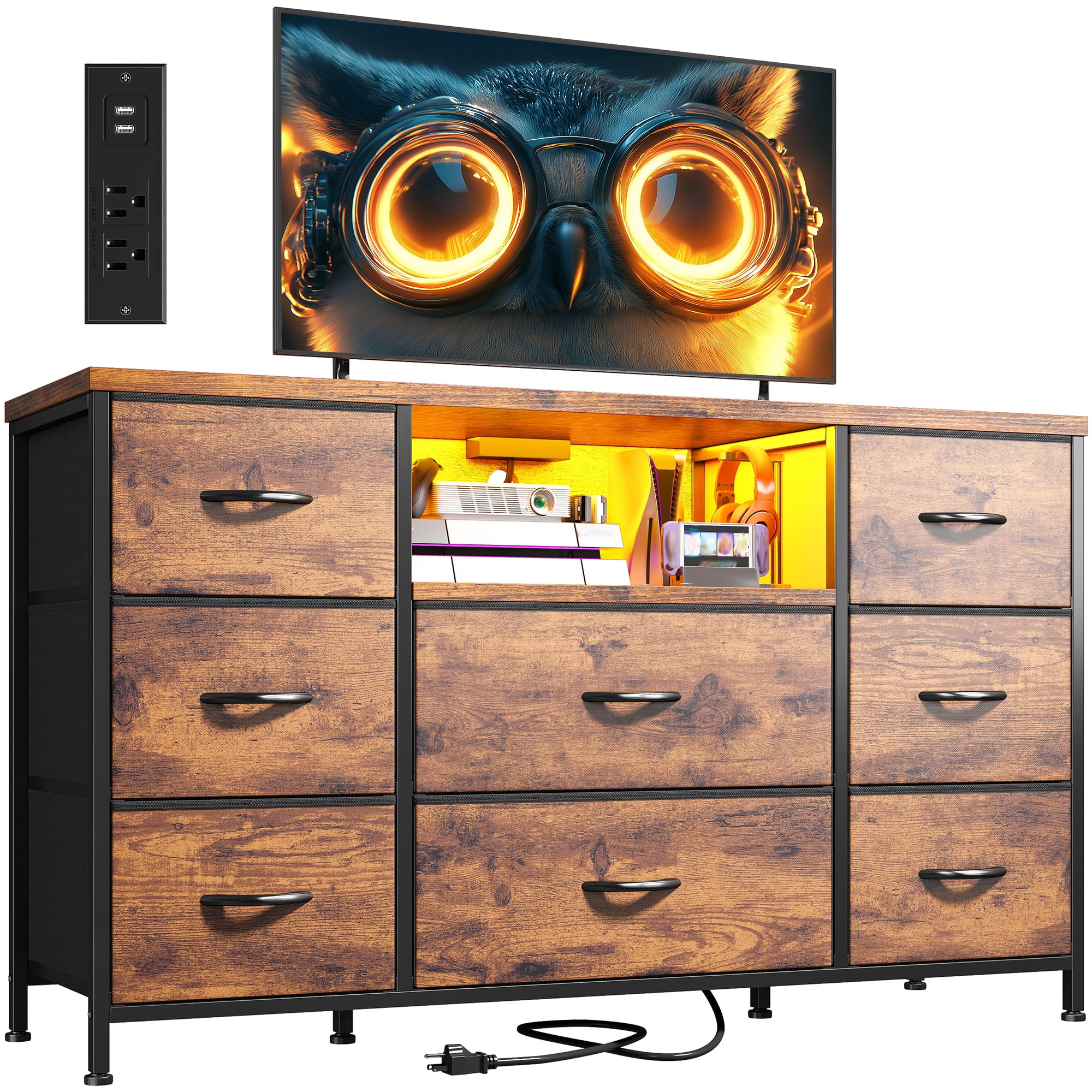 Romorgniz Dresser TV Stand for 55 inch TV with LED Lights & Charging Station Dresser for Bedroom with 8 Drawers, Rustic Brown
