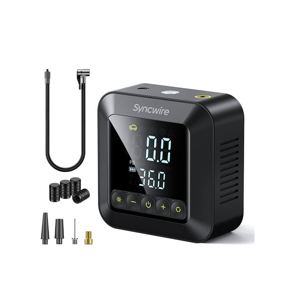 Syncwire Tire Inflator Portable Air Compressor, 150 PSI Digital Pressure Gauge, 28 mm Single-Cylinder, 3x2600 mAh, Auto Stop, LED - Black
