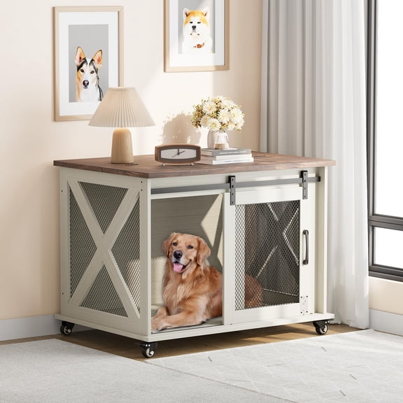 37" White Dog Crate Furniture with Flip Top & Sliding Barn Door, Wheels & Removable Divider – Furniture Style Dog Crate Table, Indoor Dog Kennel for Large Dogs