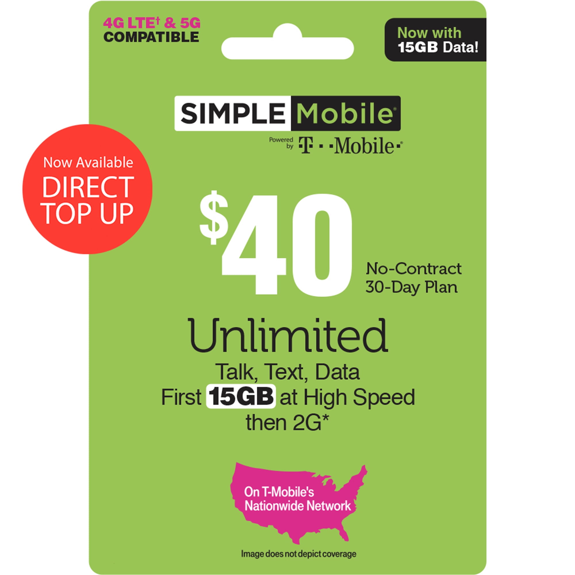 Simple Mobile 40 Unlimited 30Day Prepaid Plan (15GB at high speeds