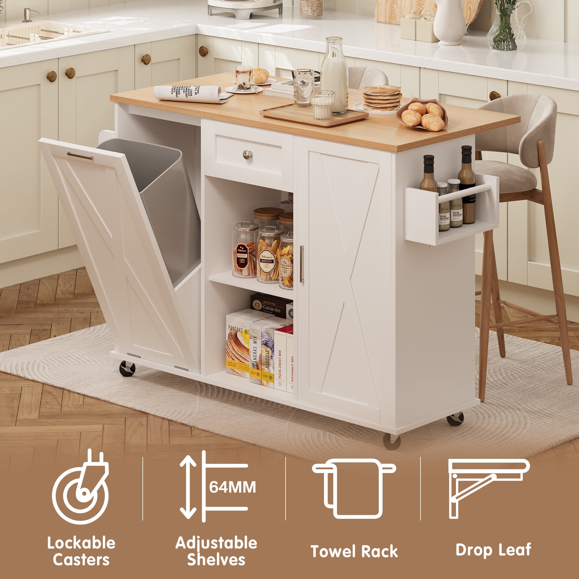 spanspace 48" Kitchen Island Cart with Drop Leaf , 10 Gallon Storage and Tilt Out Trash Can Cabinet , Portable Kitchen Island with Wheels Drawer and Adjustable Shelves for Kitchen, White