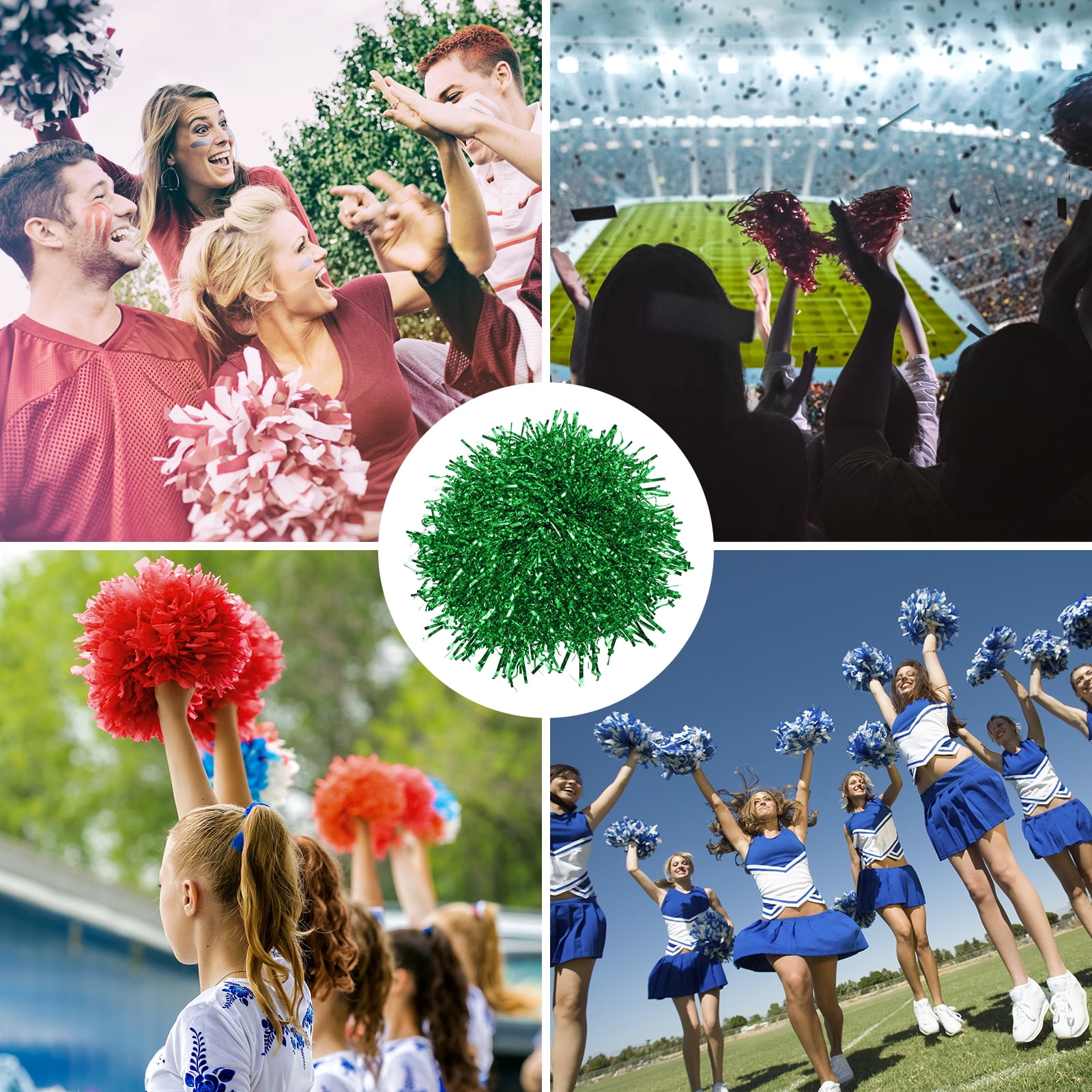 Cheerleading Pom Poms with Finger Holes Metallic Foil Cheering Hand Flower, Green, 12 Pack