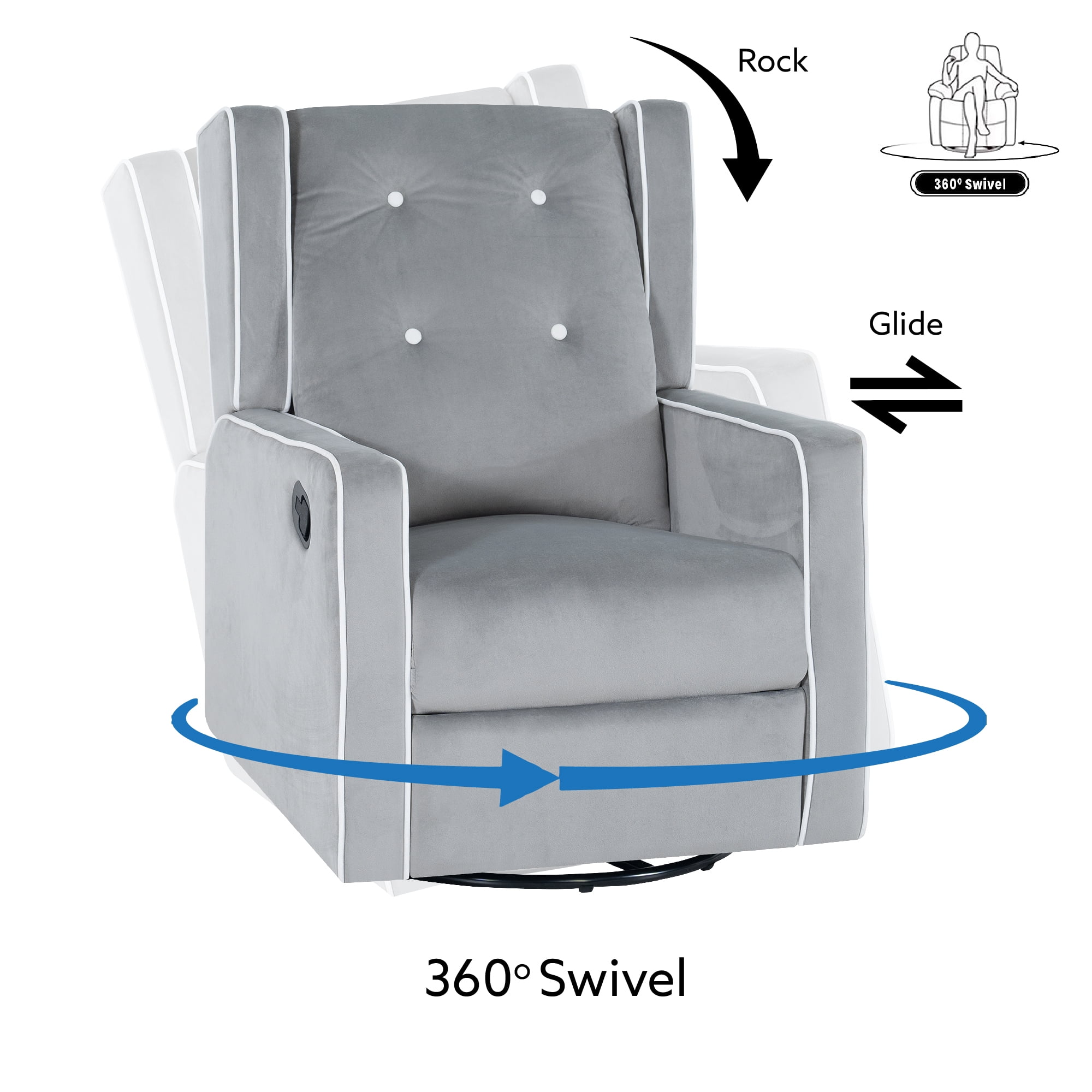 Odelia 360 Swivel Glider Rocker Recliner, Tufted Nursery Chair with Manual Puller, Plush Cushioning, Soothing Rocking Motion with Microfiber Fabric for Living Room, Bedroom, Apartment Light Gray