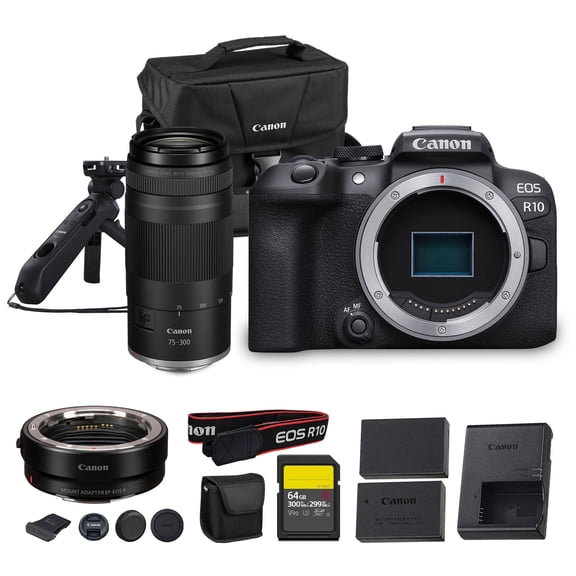 Canon EOS R10 Mirrorless Camera 24.2MP APS-C Sensor 4K Video Dual Pixel AF Compact Lightweight Vlogging Travel Camera (5331C002)   Canon RF 75-300mm Lens   Adapter EF-EOS R   Tripod Grip   More