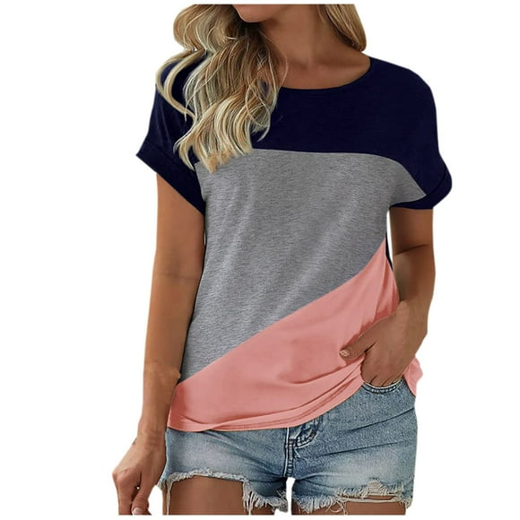 AherBiu Womens T Shirts Crew Neck Short Sleeve Tops Loose Fitting Comfy Cotton Stretchy Casual Tshirts Color Block