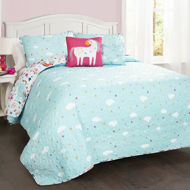 Lush Decor Unicorn Heart Kids Animal Print Reversible Quilt, Full/Queen,  White/Multi, 5-Pc Set 