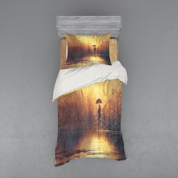 Ambesonne Modern Bedding Set 3 Pcs, Woman Under the Rain, Twin XL, Pale Caramel Yellow