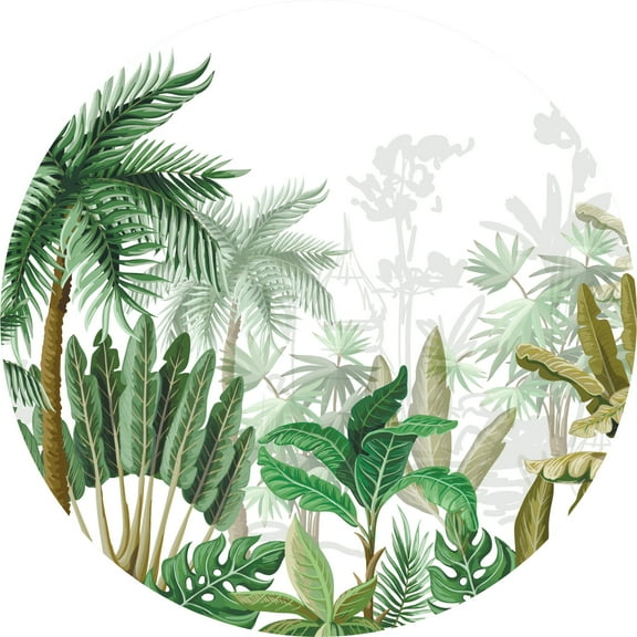 Dundee Deco's Modern White Green Brown Jungle Circular Peel and Stick Wall Mural, 28 in Diameter (4 sq ft.)